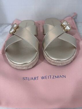 Stuart Weitzman Metallic Gold Pearl-Embellished Crisscross Slide Sandals
NWOT